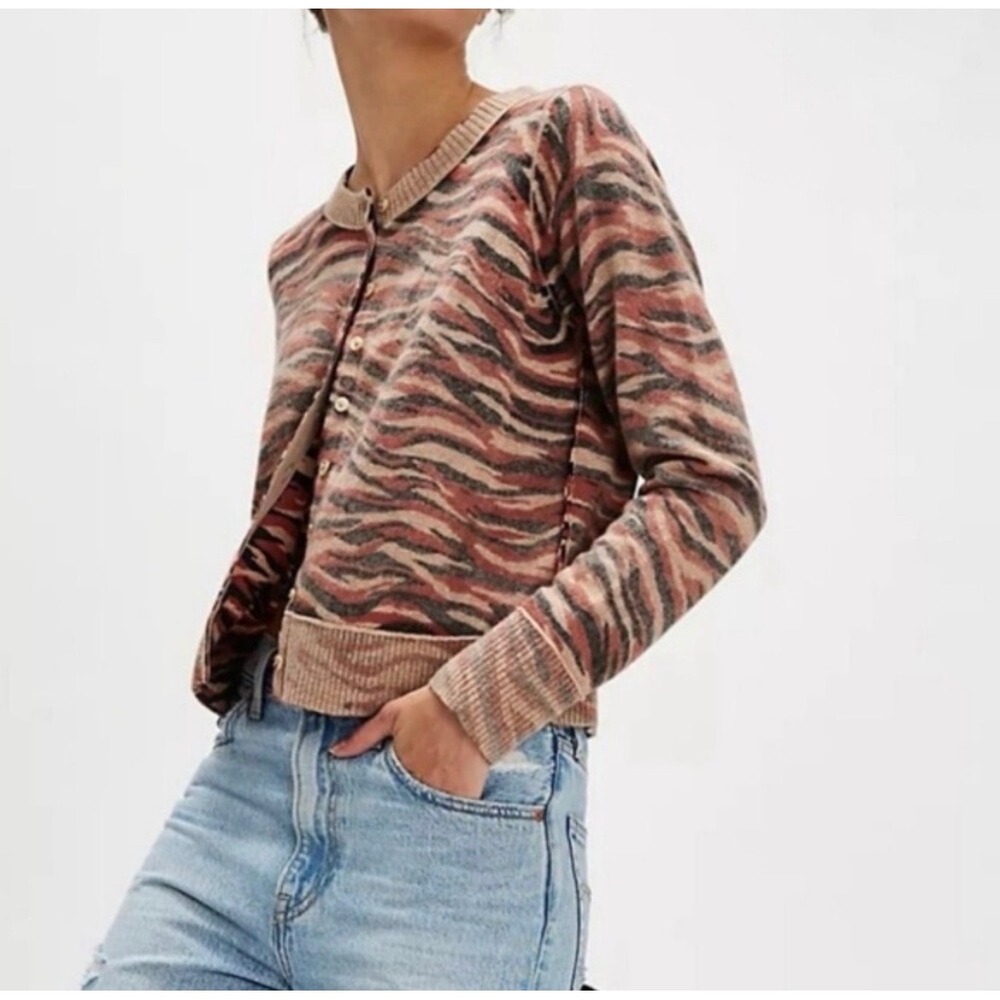 Free People Nocturnal Patterned Cashmere Cardi Tiger Cardigan M Earth Tones Wool